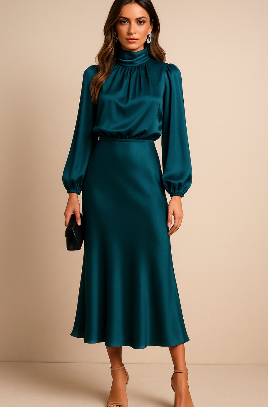 Evelyn | Women's Mock-Neck Satin Midi Dress