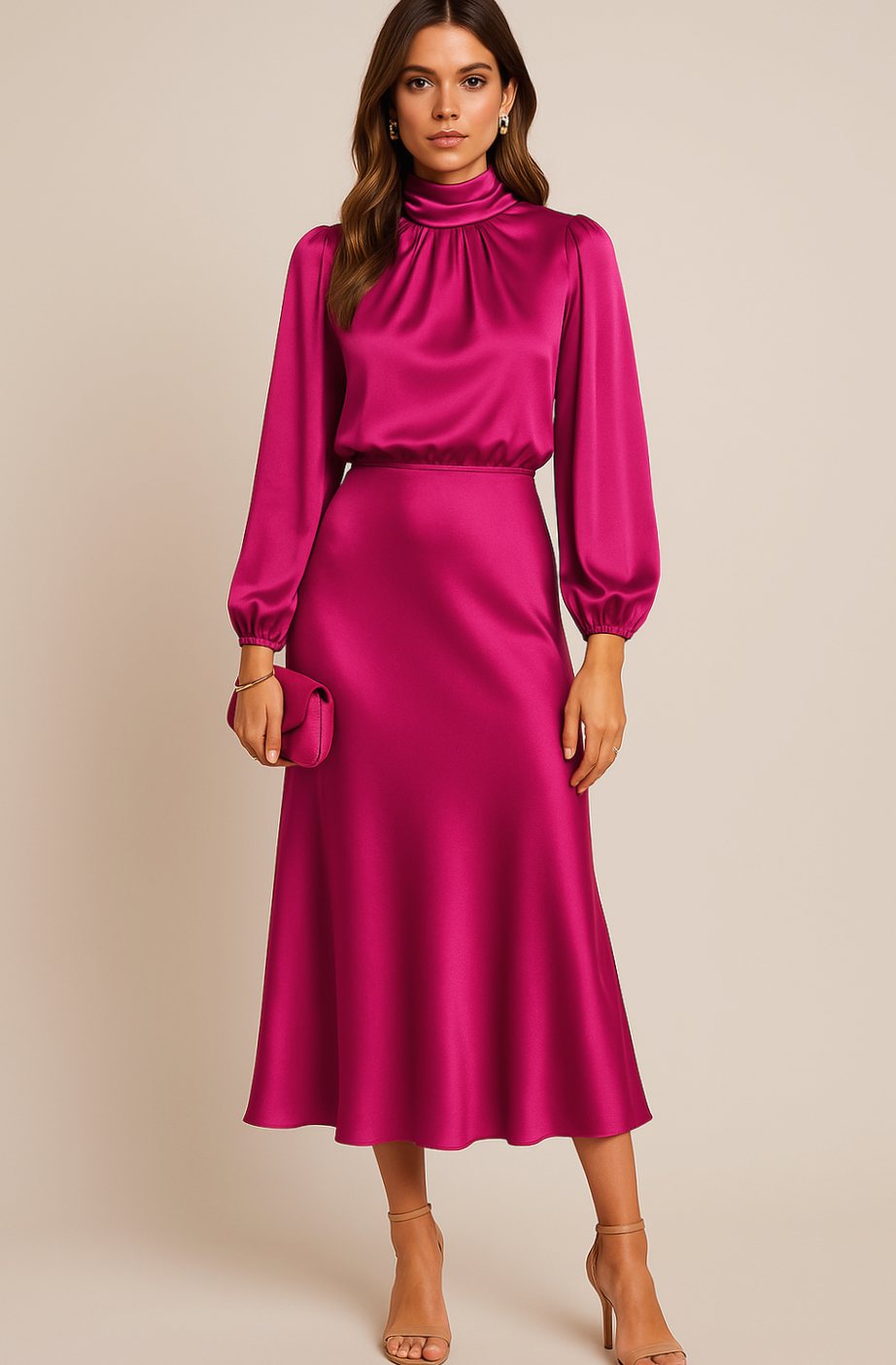 Evelyn | Women's Mock-Neck Satin Midi Dress
