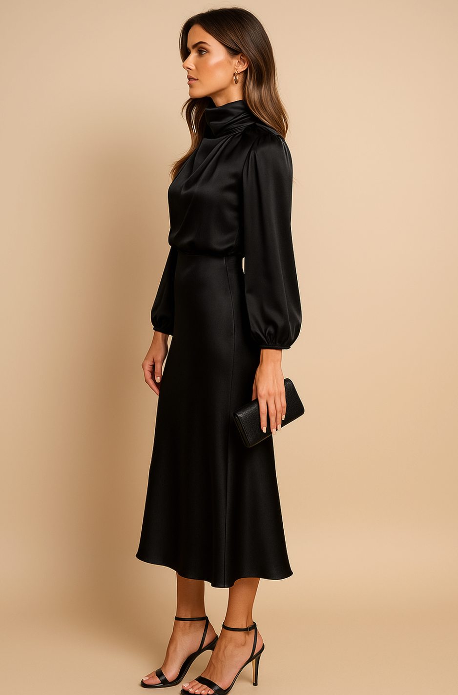 Evelyn | Women's Mock-Neck Satin Midi Dress