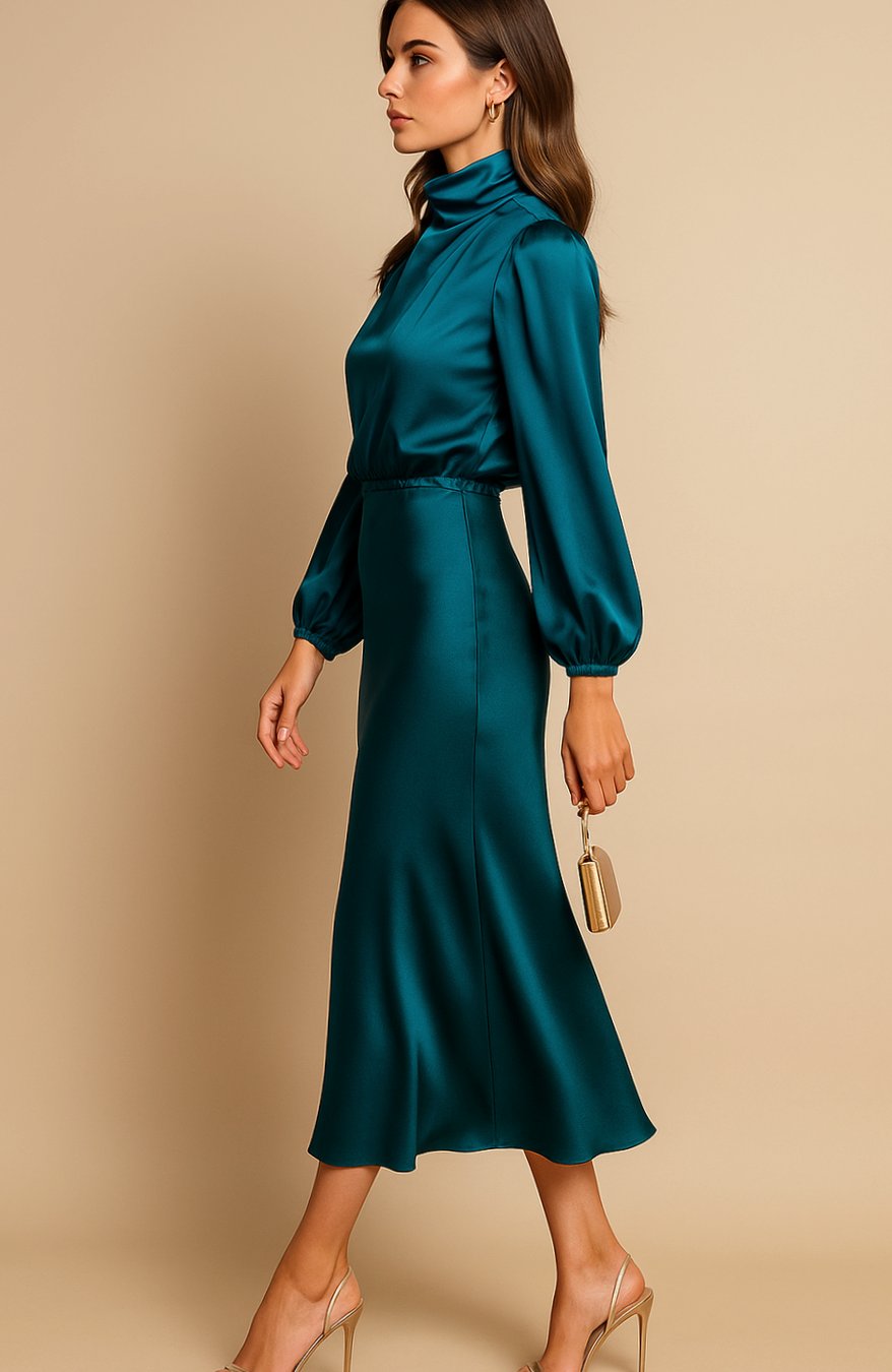 Evelyn | Women's Mock-Neck Satin Midi Dress