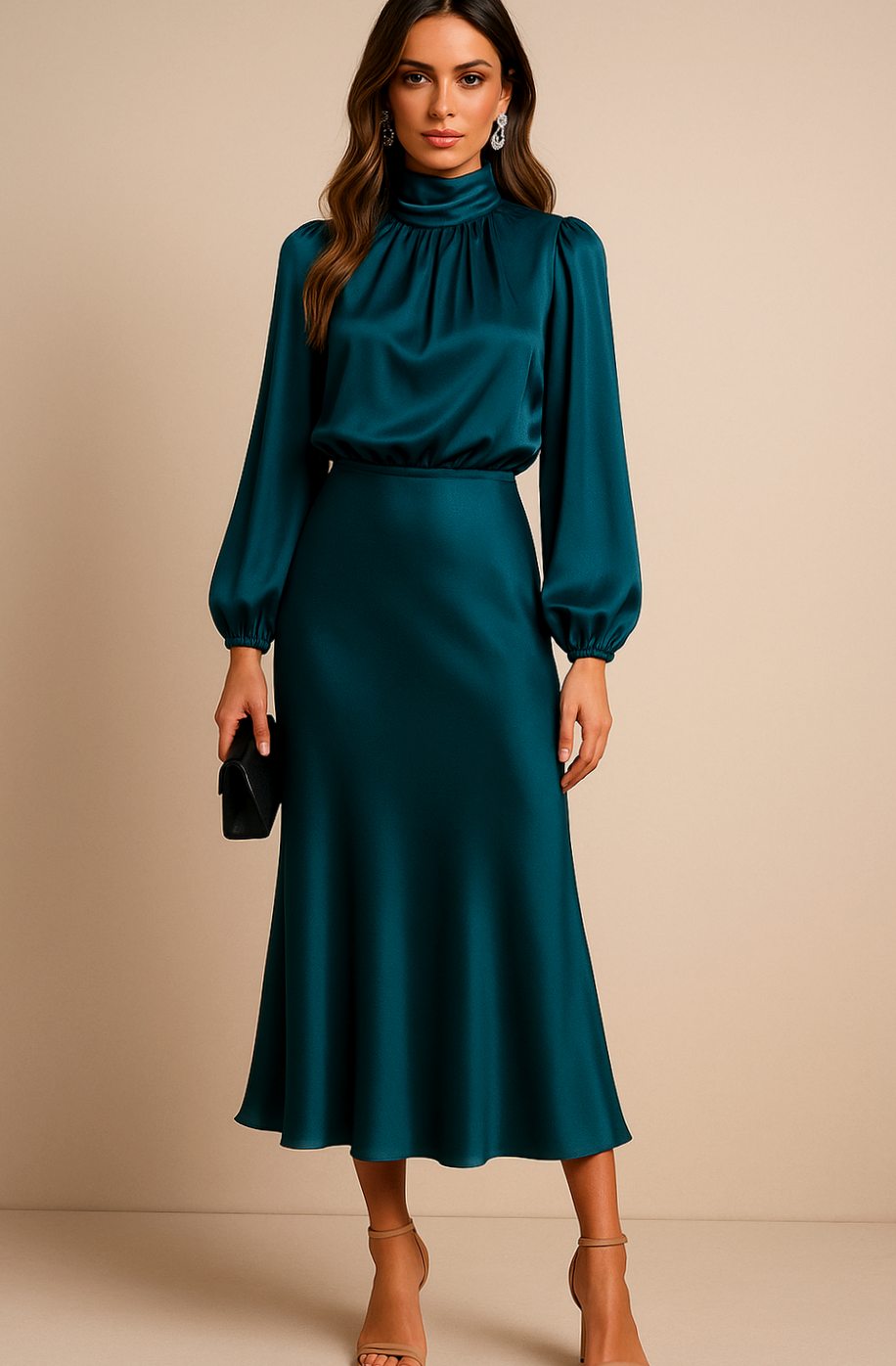 Evelyn | Women's Mock-Neck Satin Midi Dress