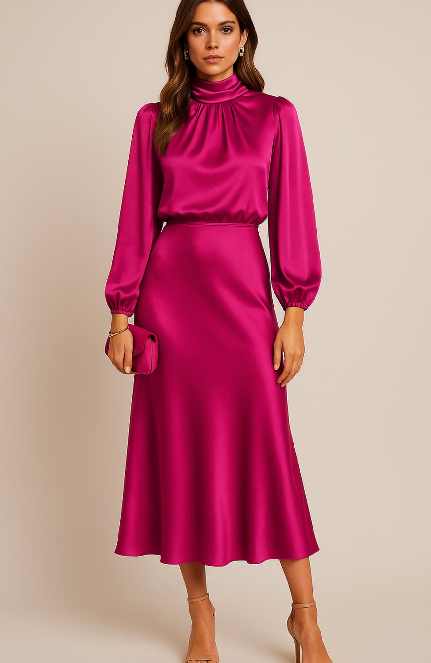 Evelyn | Women's Mock-Neck Satin Midi Dress