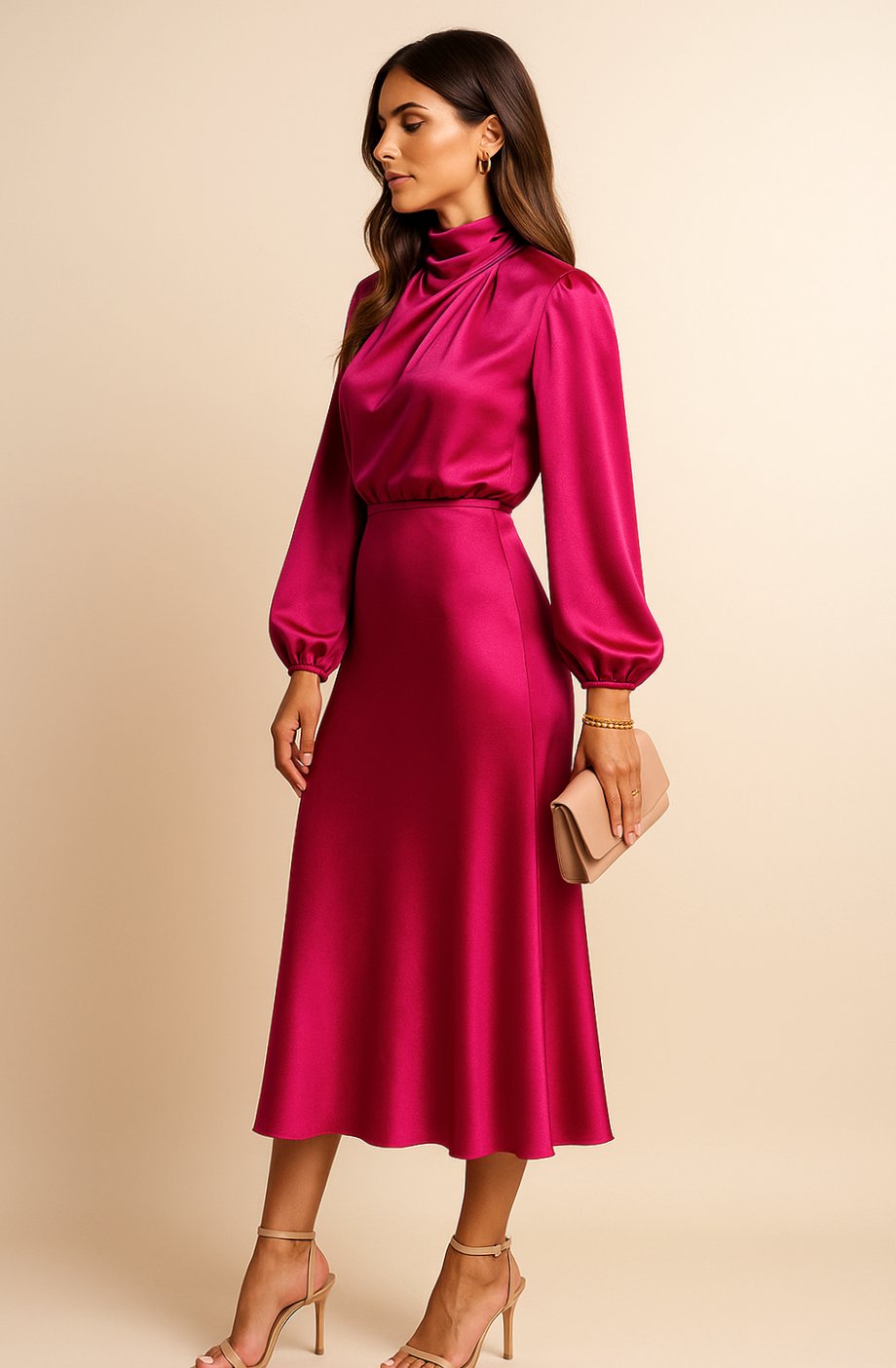 Evelyn | Women's Mock-Neck Satin Midi Dress