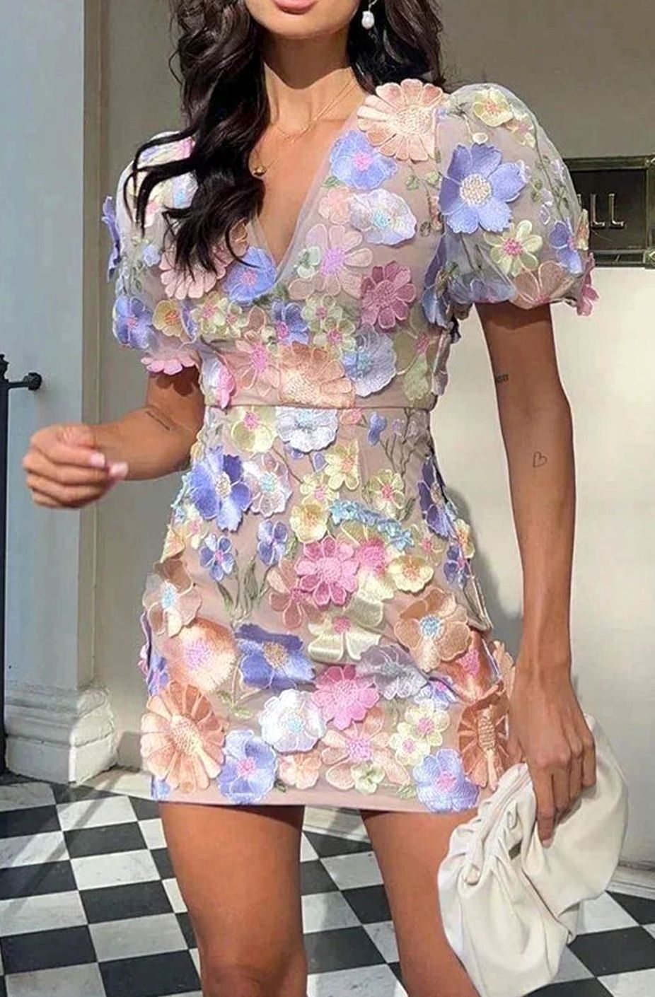 Eleanor | Women's Sheer Floral Puff-Sleeve Mini Dress