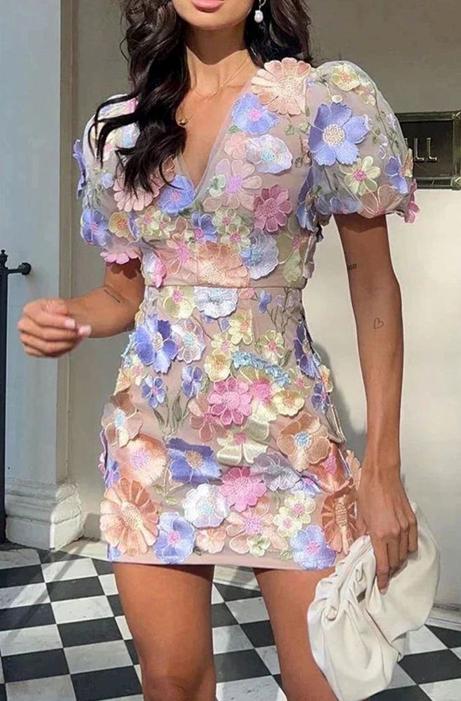 Eleanor | Women's Sheer Floral Puff-Sleeve Mini Dress