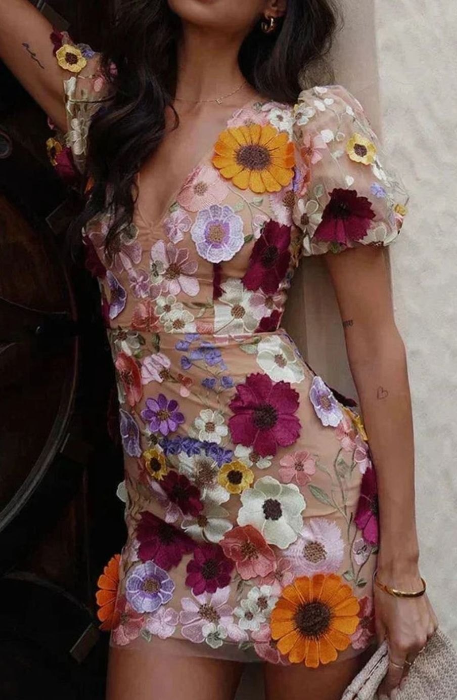 Eleanor | Women's Sheer Floral Puff-Sleeve Mini Dress