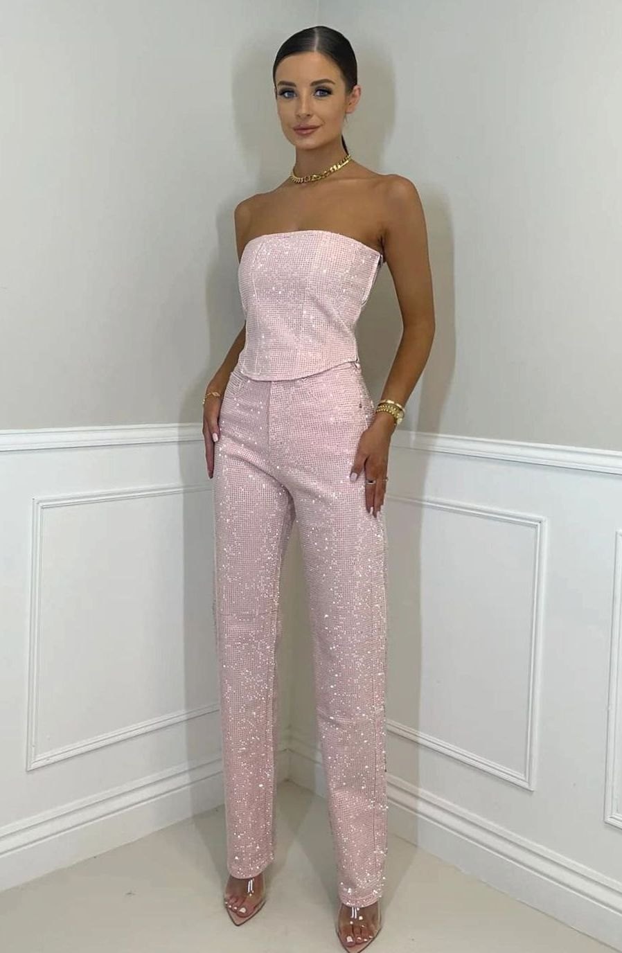 Isadora | Women's Strapless Sequin Straight-Leg Jumpsuit