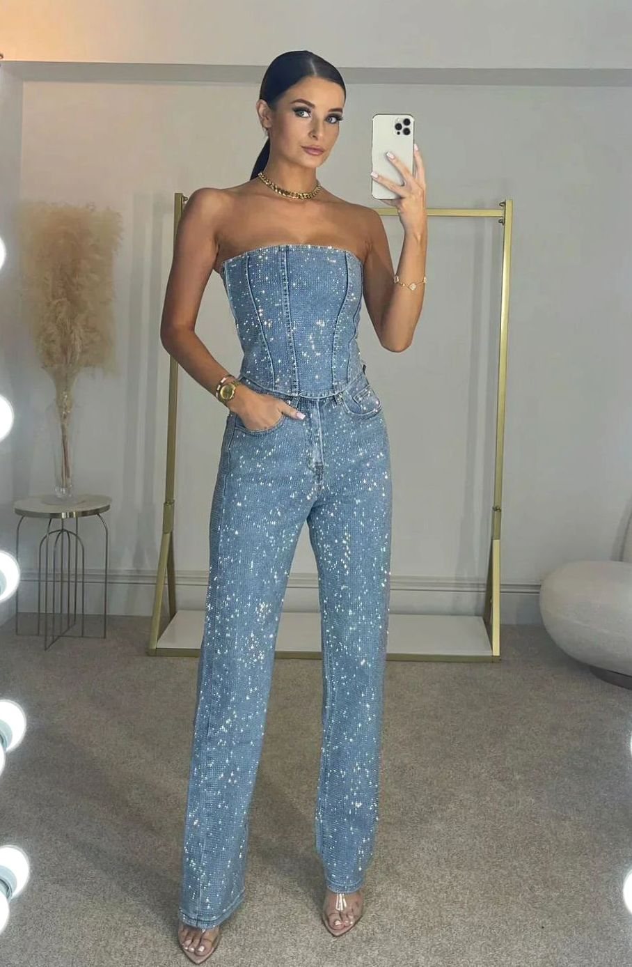 Isadora | Women's Strapless Sequin Straight-Leg Jumpsuit