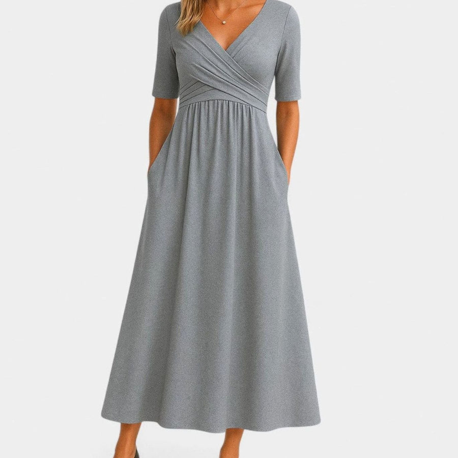 Freya | Women's V-Neck A-Line Midi Dress with Pockets