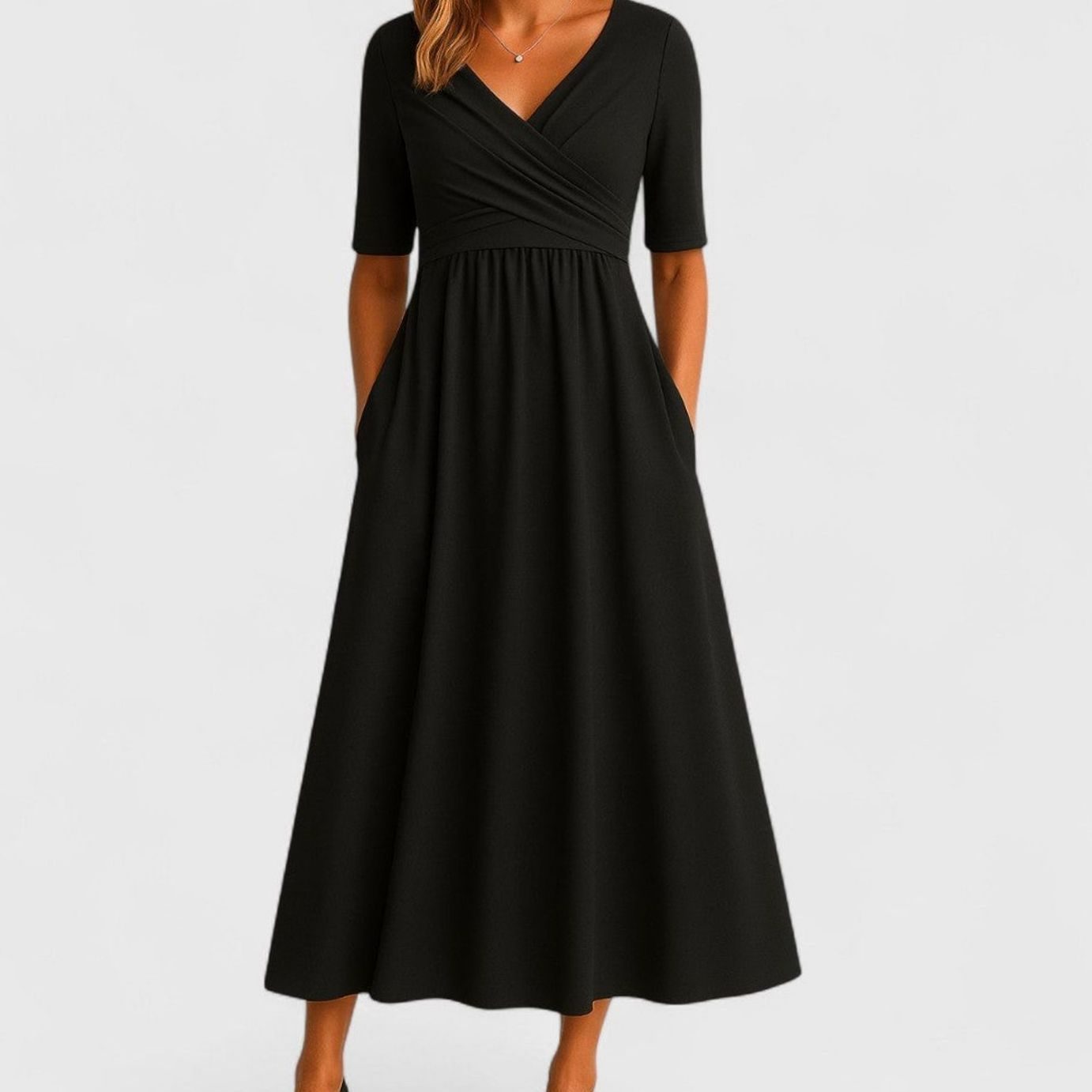 Freya | Women's V-Neck A-Line Midi Dress with Pockets