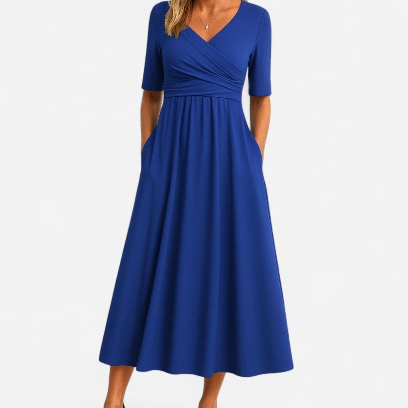 Freya | Women's V-Neck A-Line Midi Dress with Pockets