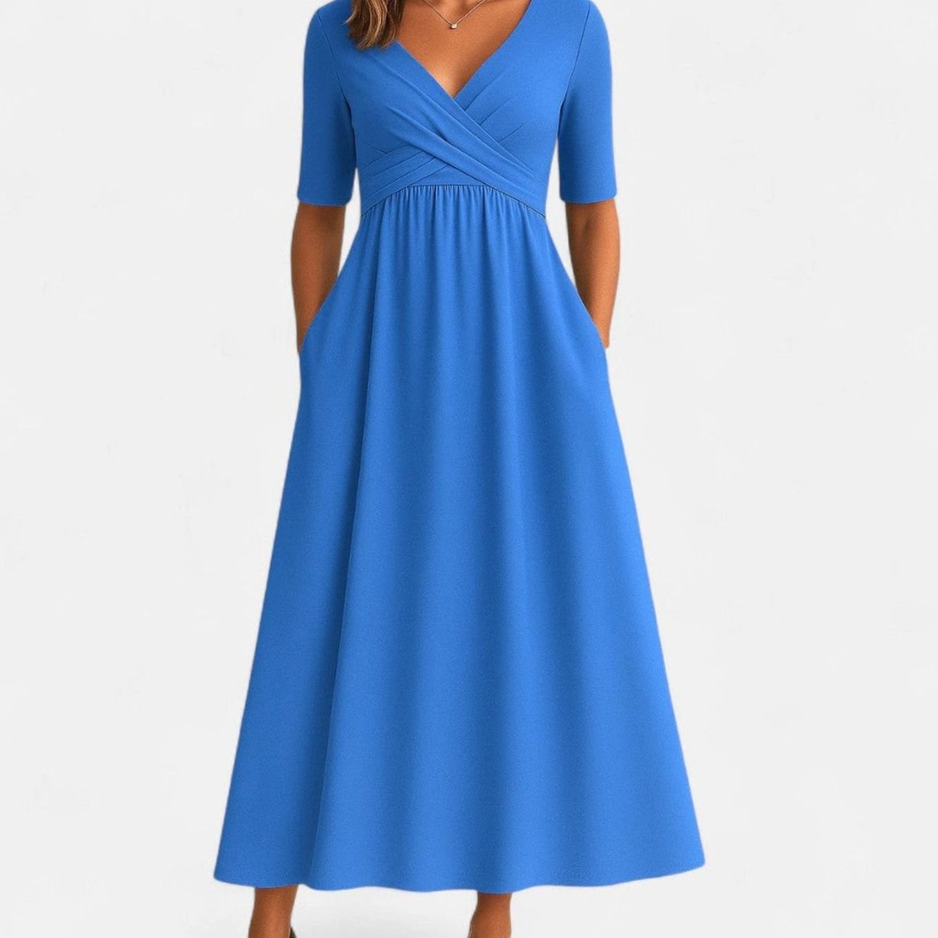 Freya | Women's V-Neck A-Line Midi Dress with Pockets