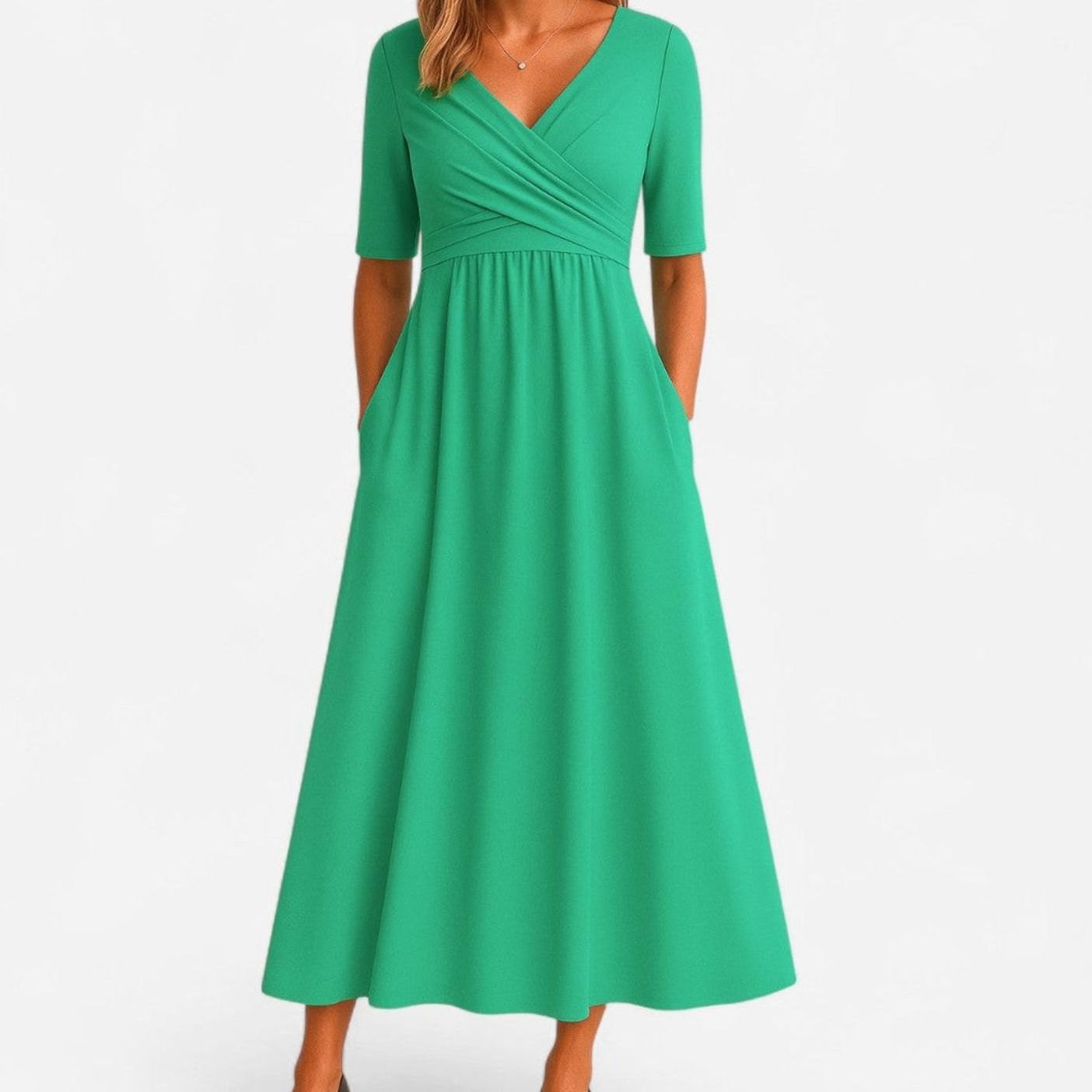 Freya | Women's V-Neck A-Line Midi Dress with Pockets