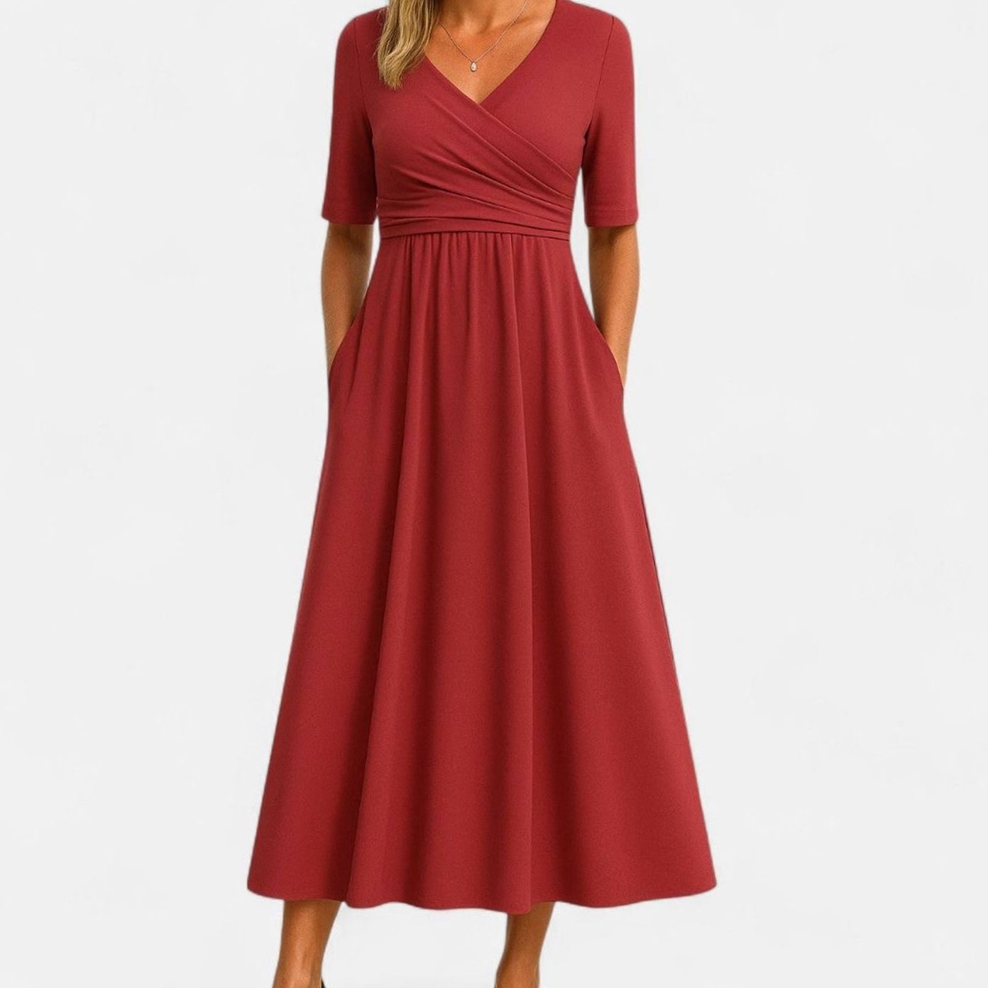 Freya | Women's V-Neck A-Line Midi Dress with Pockets