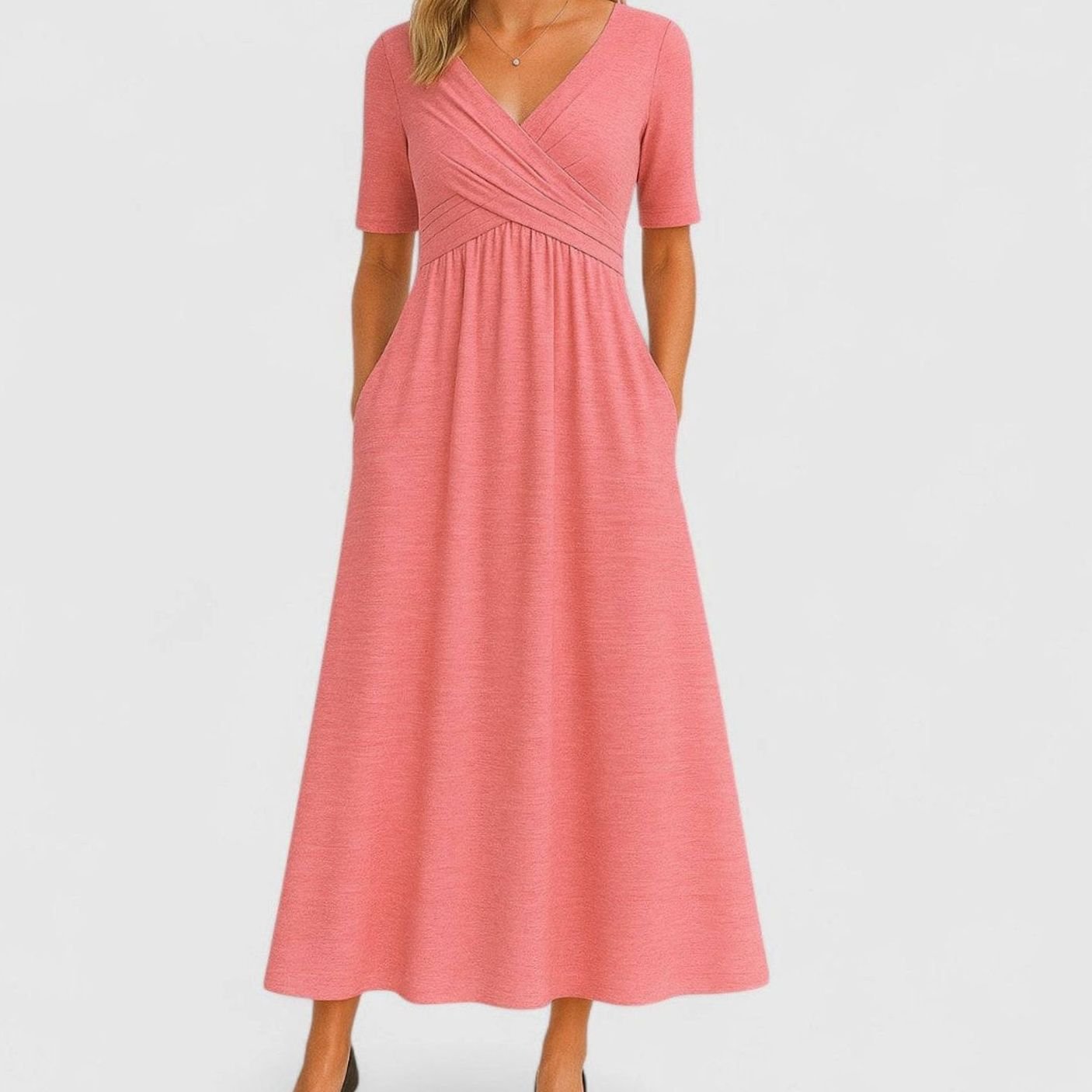Freya | Women's V-Neck A-Line Midi Dress with Pockets