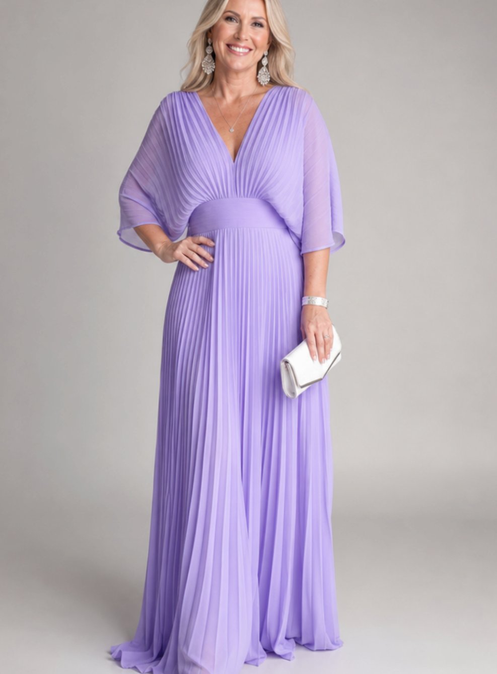 Elena | Women's V-Neck Pleated Cape-Sleeve Maxi Dress