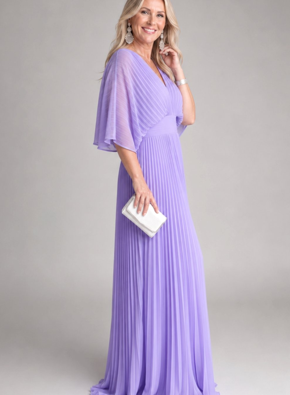 Elena | Women's V-Neck Pleated Cape-Sleeve Maxi Dress