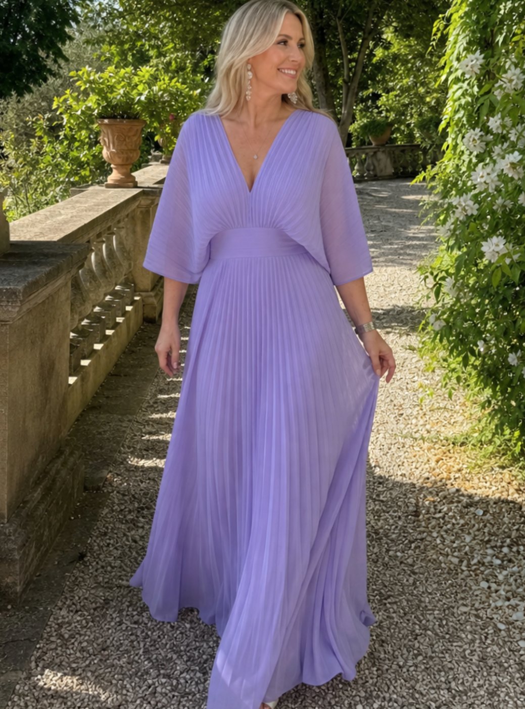 Elena | Women's V-Neck Pleated Cape-Sleeve Maxi Dress