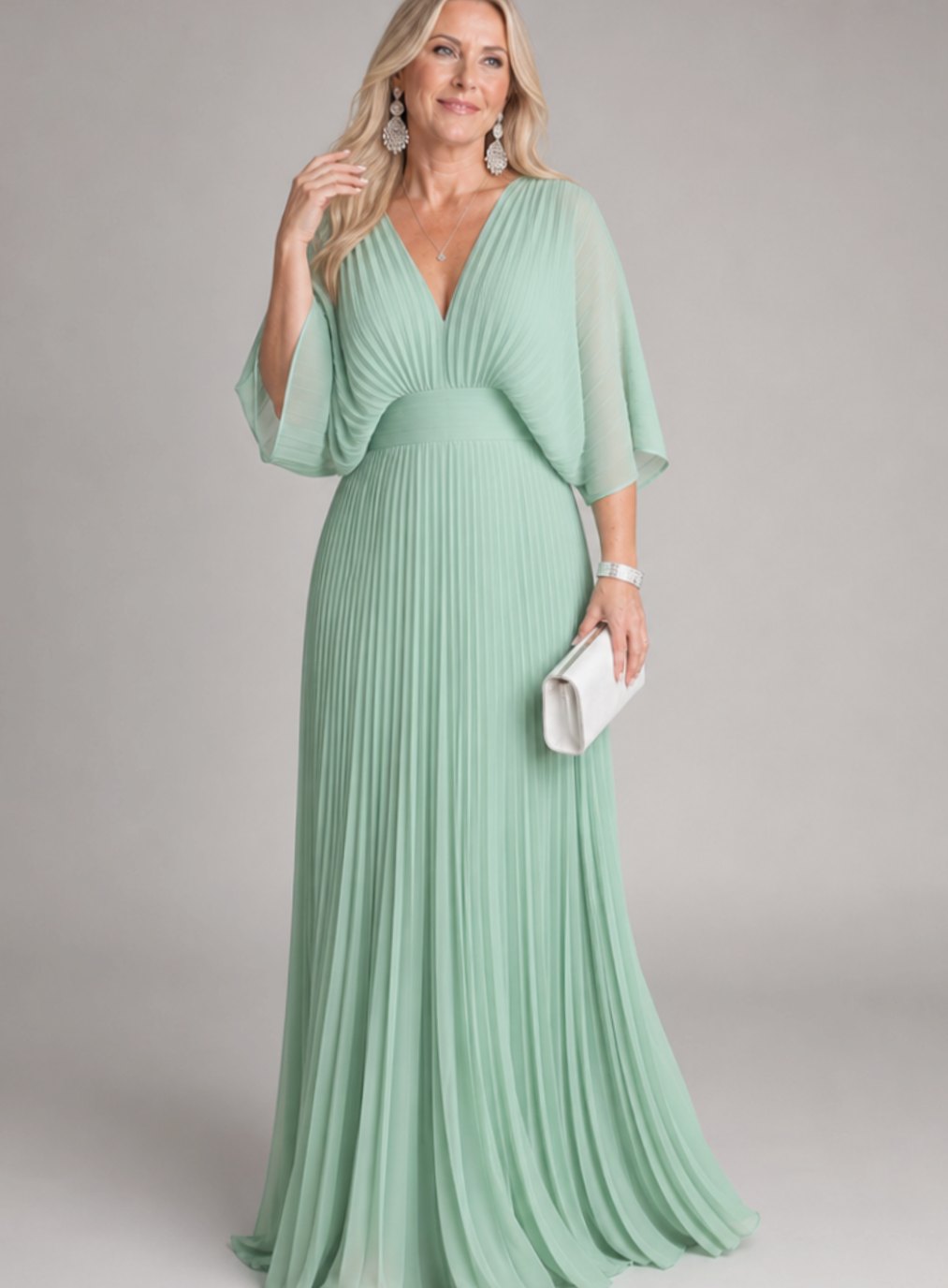 Elena | Women's V-Neck Pleated Cape-Sleeve Maxi Dress