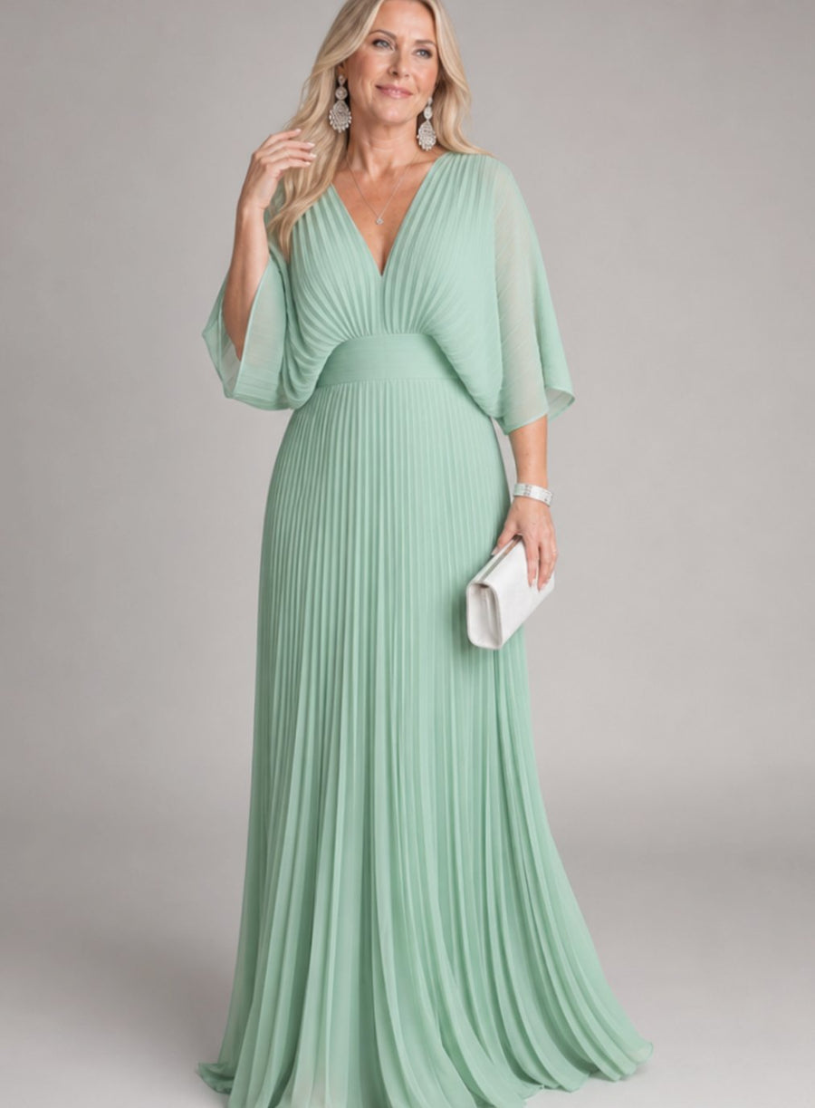 Elena | Women's V-Neck Pleated Cape-Sleeve Maxi Dress