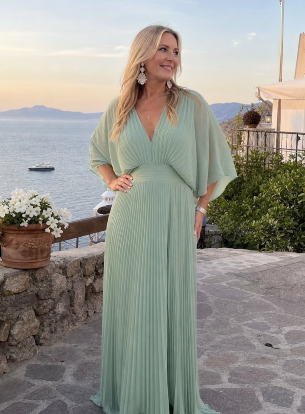 Elena | Women's V-Neck Pleated Cape-Sleeve Maxi Dress