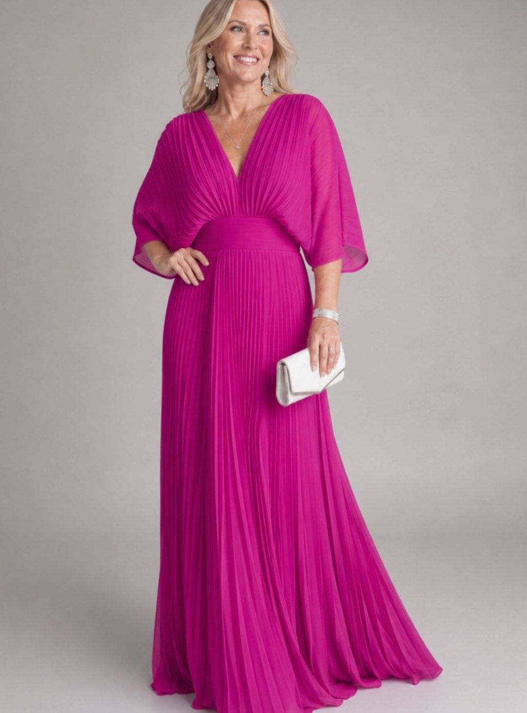 Elena | Women's V-Neck Pleated Cape-Sleeve Maxi Dress