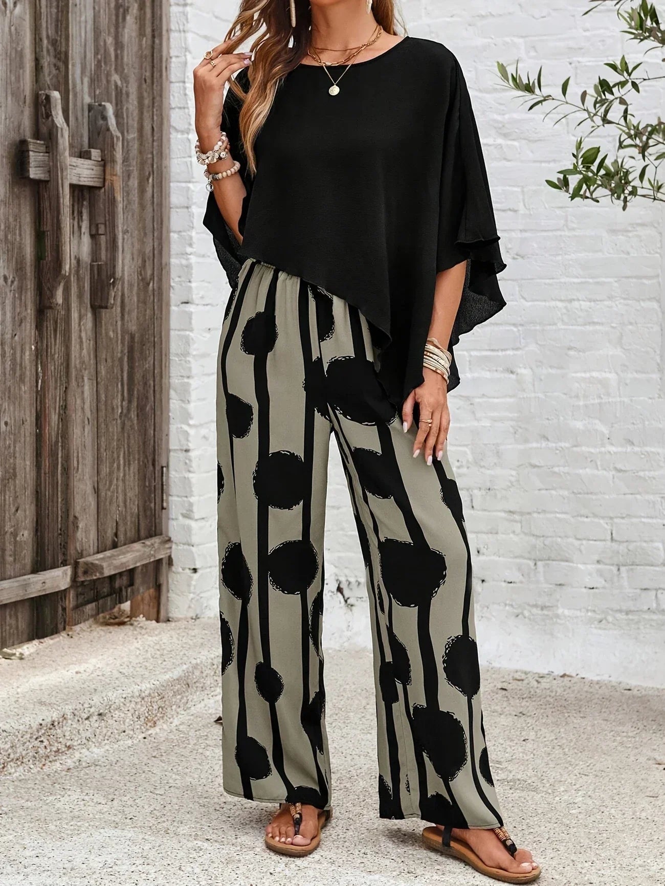 Zaria | Women's Two Piece Set Asymmetric Top Wide Leg Pants