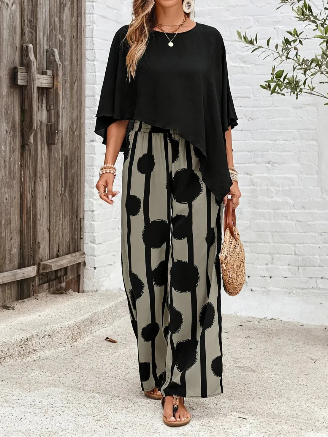 Zaria | Women's Two Piece Set Asymmetric Top Wide Leg Pants