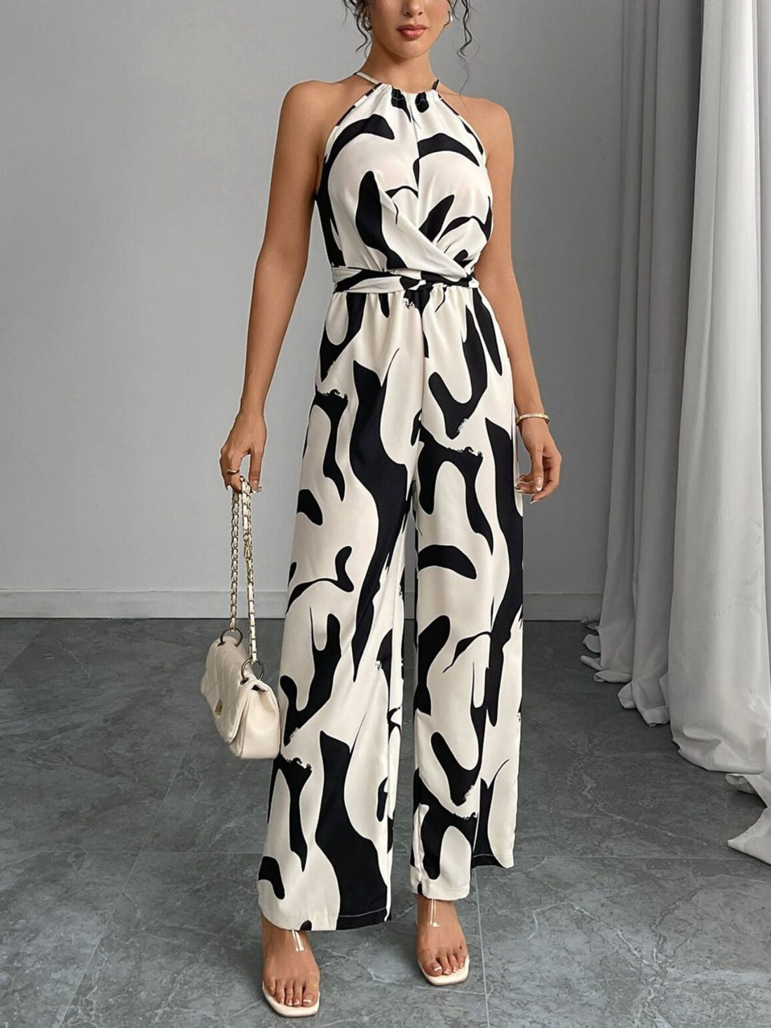 Zola | Women's Halter Neck Abstract Print Wide Leg Jumpsuit