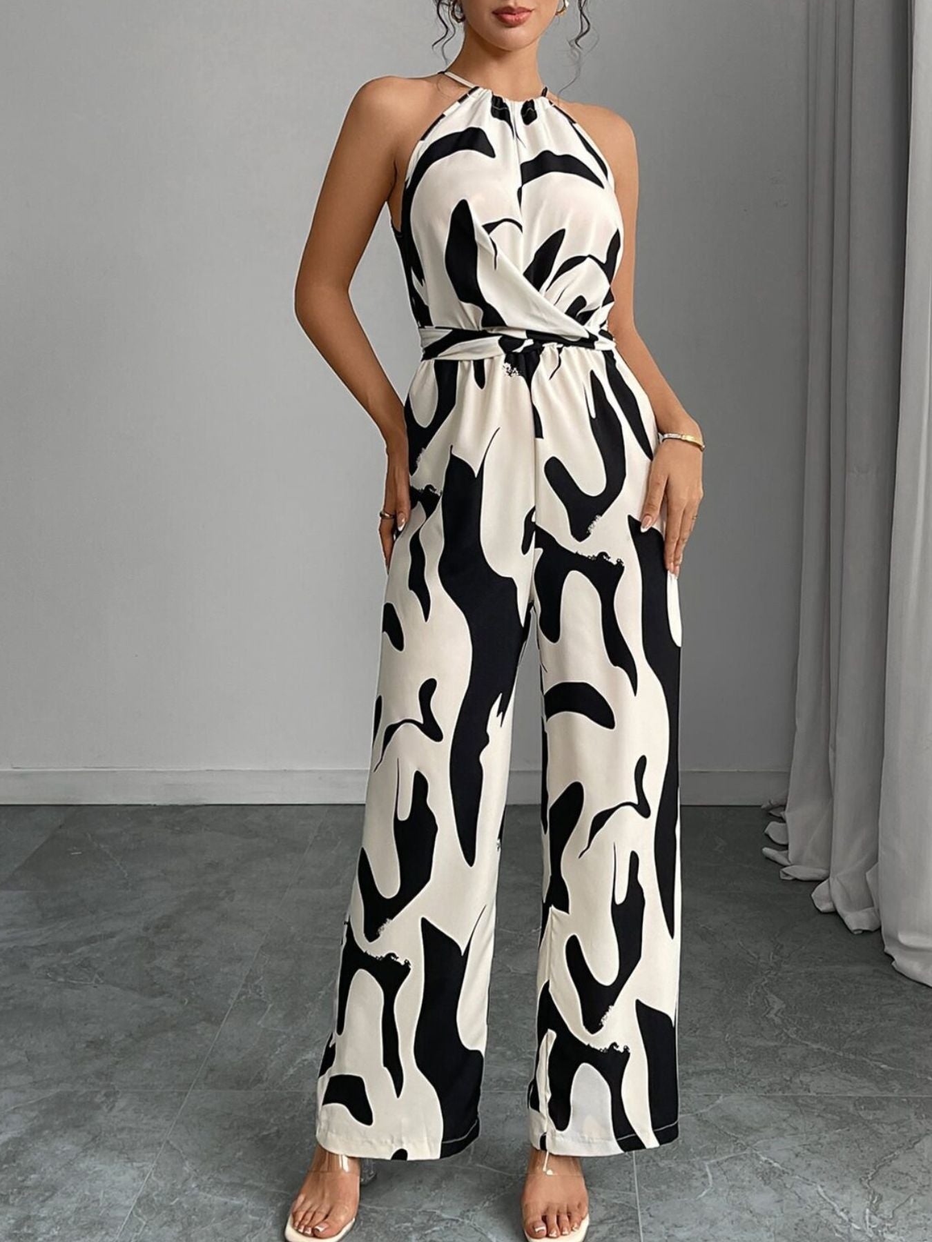 Zola | Women's Halter Neck Abstract Print Wide Leg Jumpsuit