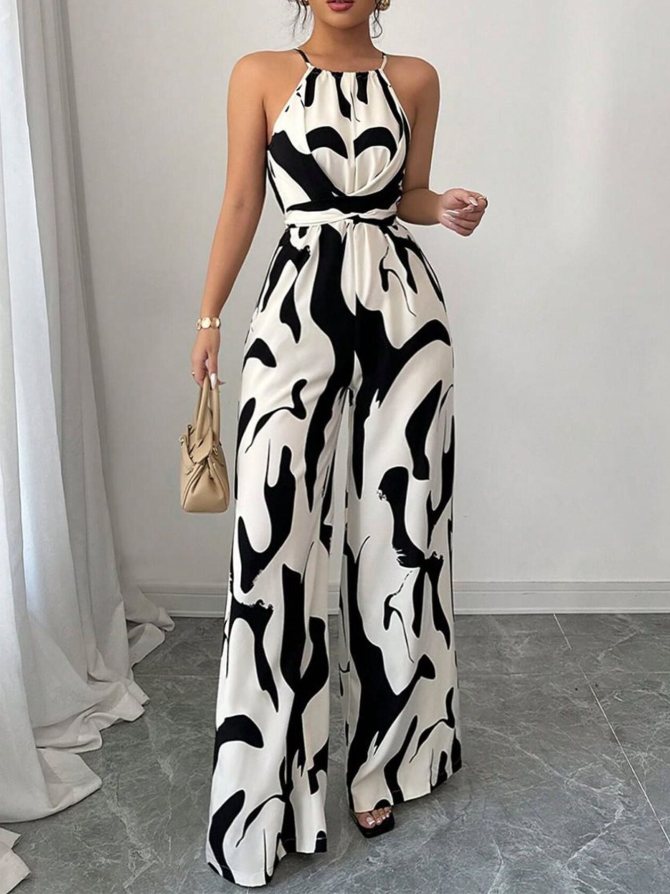 Zola | Women's Halter Neck Abstract Print Wide Leg Jumpsuit